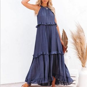 POCKETED HALTER MAXI DRESS - NAVY